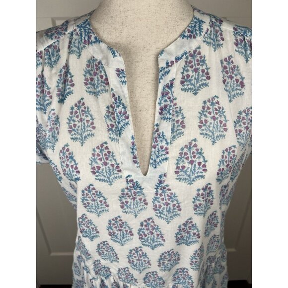 Oliphant Tuckernuck Gauze Cotton Block Print Dress L Blue Pink Tiered Above Knee - Picture 2 of 9